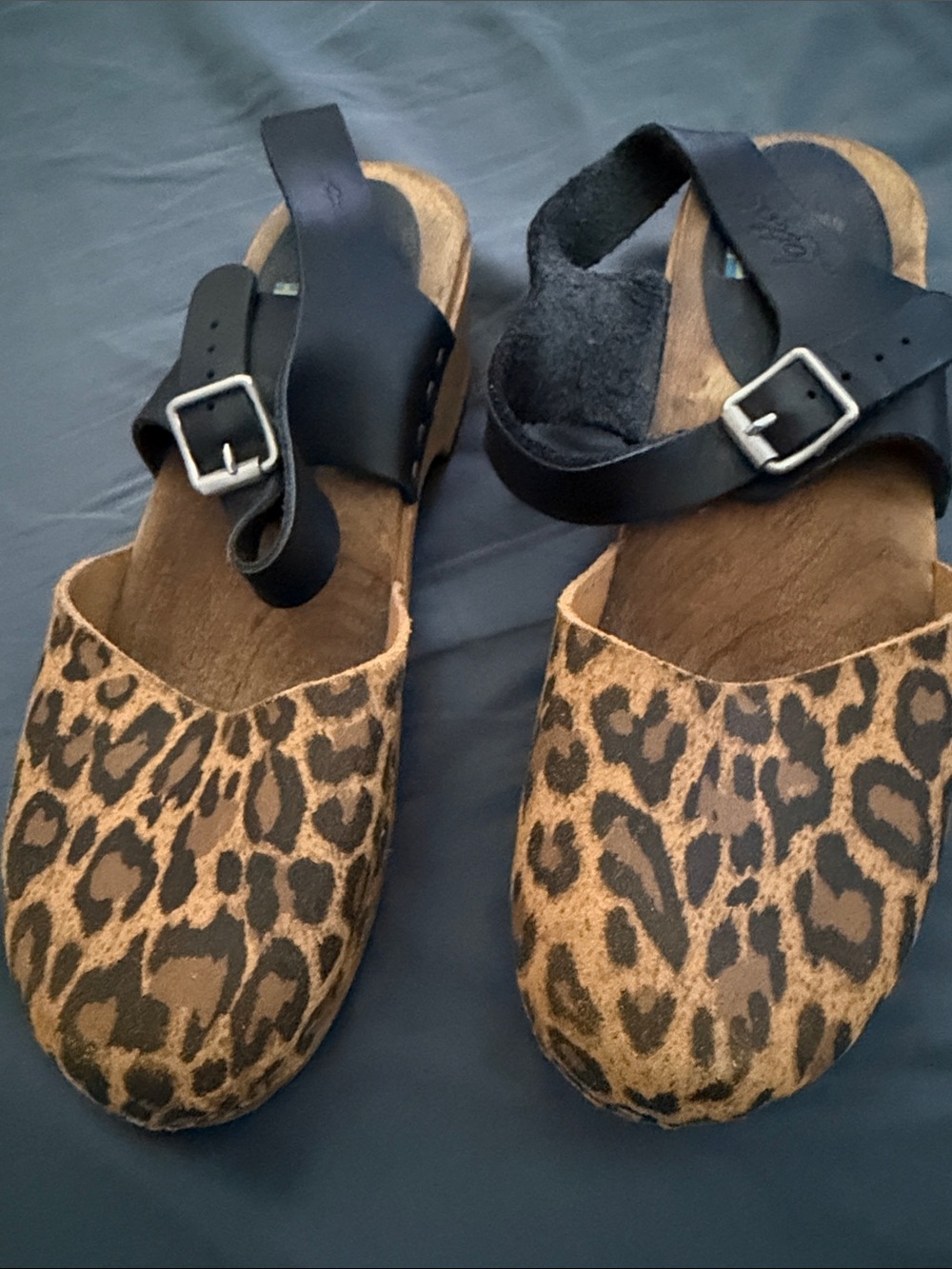 Leopard Print Clogs with Black Leather Ankle Strap